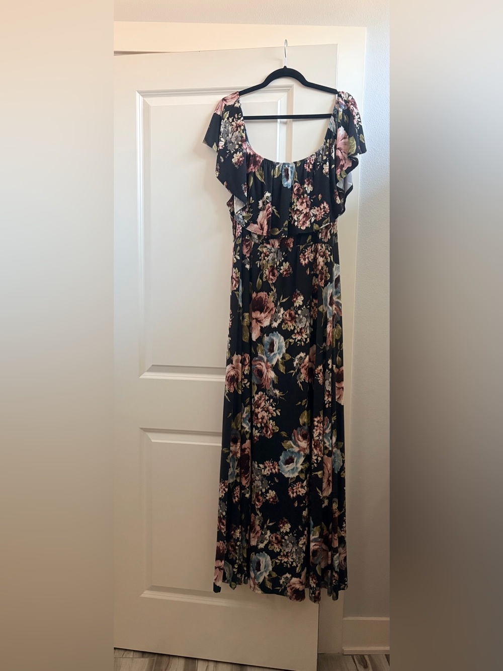 Pink Blush- Dark Gray Floral Off-Shoulder Maxi Dress